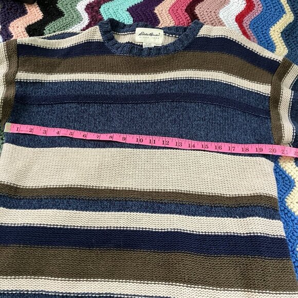 Vintage Eddie Bauer Sweater Mens S Stripe Neutral Knit Grandpa Linen Cotton - Picture 2 of 5